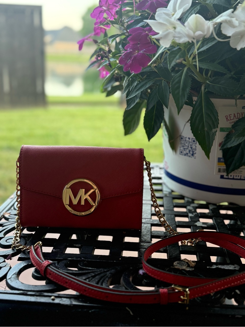 Michael Kors Coral Red Saffiano Leather MK Wallet Crossbody Chain Bag